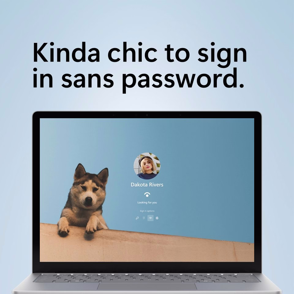 Text above a close-up of the sign in screen on a Windows laptop says kinda chic to sign in sans password.