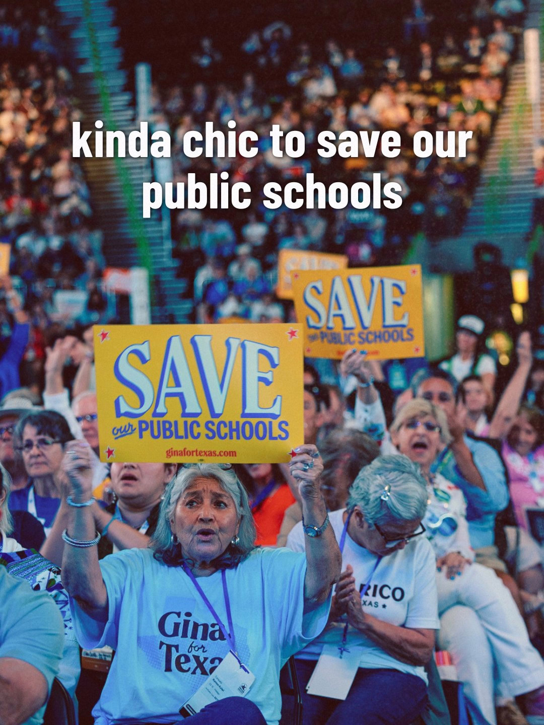 Photo of attendees at the 2026 Texas Democratic Convention holding signs that say "SAVE OUR PUBLIC SCHOOLS ginafortexas.com" and the caption: "kinda chic to save our public schools"