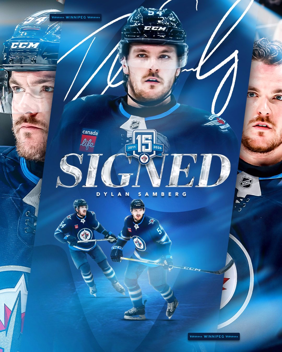 The Winnipeg Jets Hockey Club announced today that they have agreed to terms with defenceman Dylan Samberg on a three-year contract with an average annual value of $5,750,000.