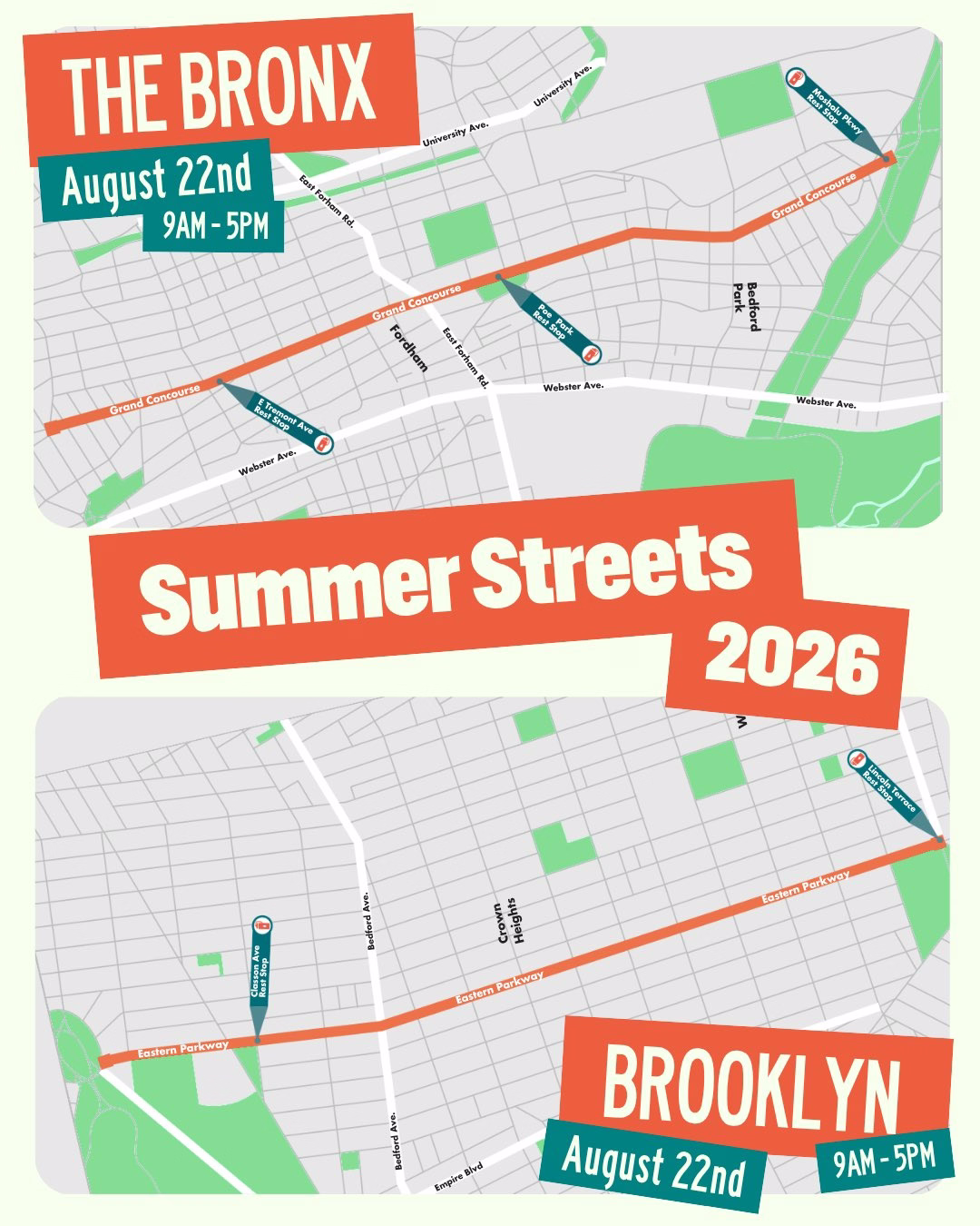 Top shows Bronx summer streets route with date of August 22nd from 9am-5pm. Bottom shows Brooklyn summer streets route with date of August 22nd from 9am-5pm.