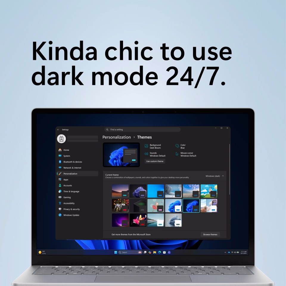 Text above a close-up of display settings on a Windows laptop says kinda chic to use dark mode 24/7.