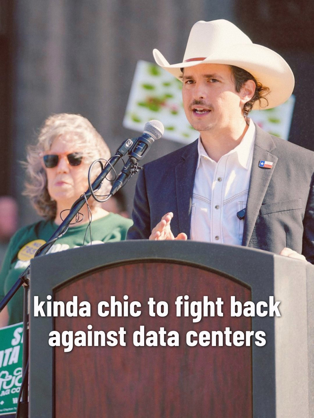 Photo of Clayton Tucker with the caption: "kinda chic to fight back against data centers"