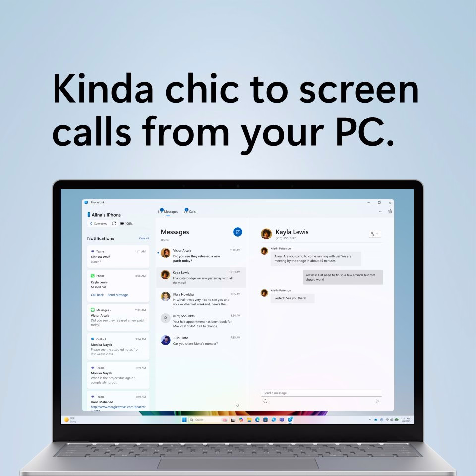Text above a close-up of Phone Link on a Windows laptop says kinda chic to screen calls from your PC.