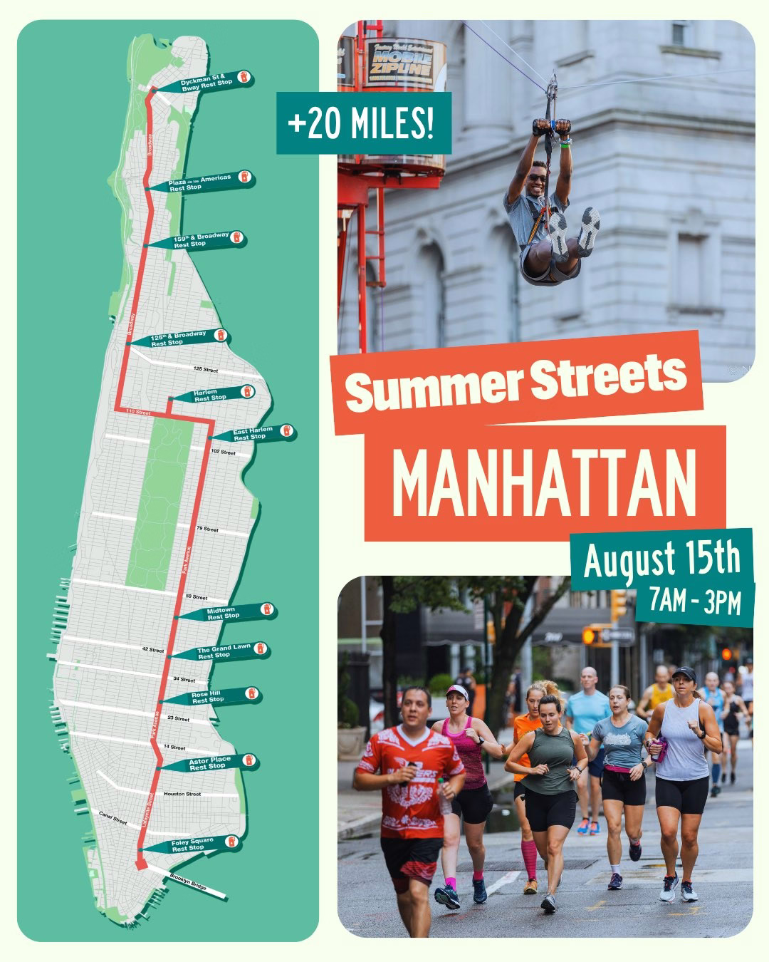 Left side is a map of Manhattan summer streets route spanning from downtown to Inwood. Right side shows summer streets Manhattan date of August 15th 7am - 3pm and photos of people running and a person zip lining.