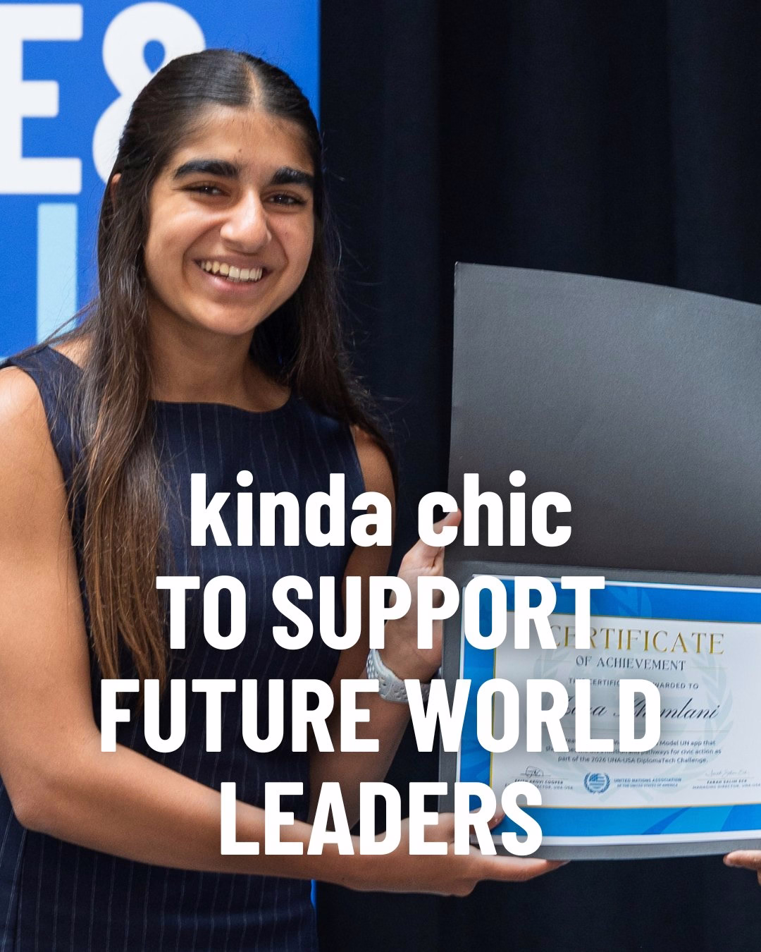 A young woman holding an achievement certificate for winning an AI app development competition. Text overlay: "kinda chic TO SUPPORT FUTURE WORLD LEADERS" 
